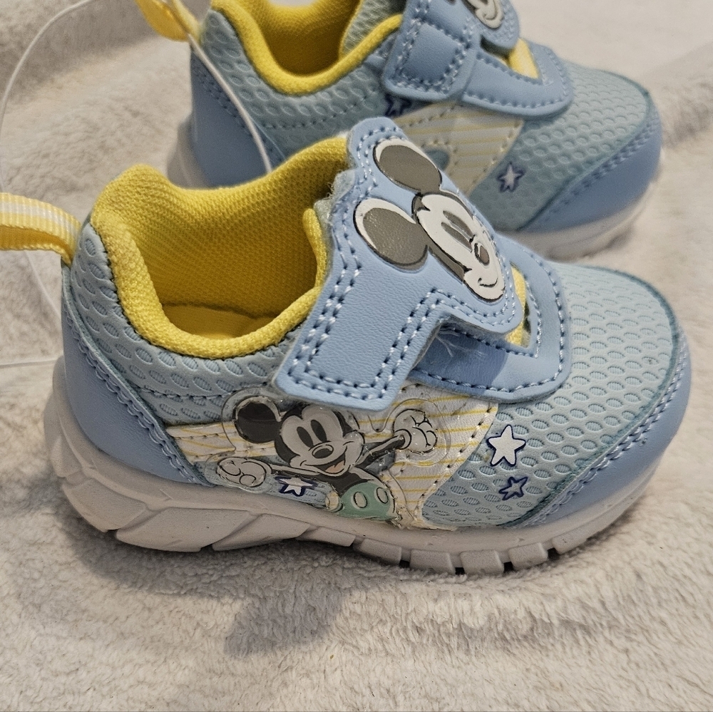 Disney Mickey Mouse Infants Blue Yellow Velcro Strap Walking Sneakers 3 - Picture 2 of 8